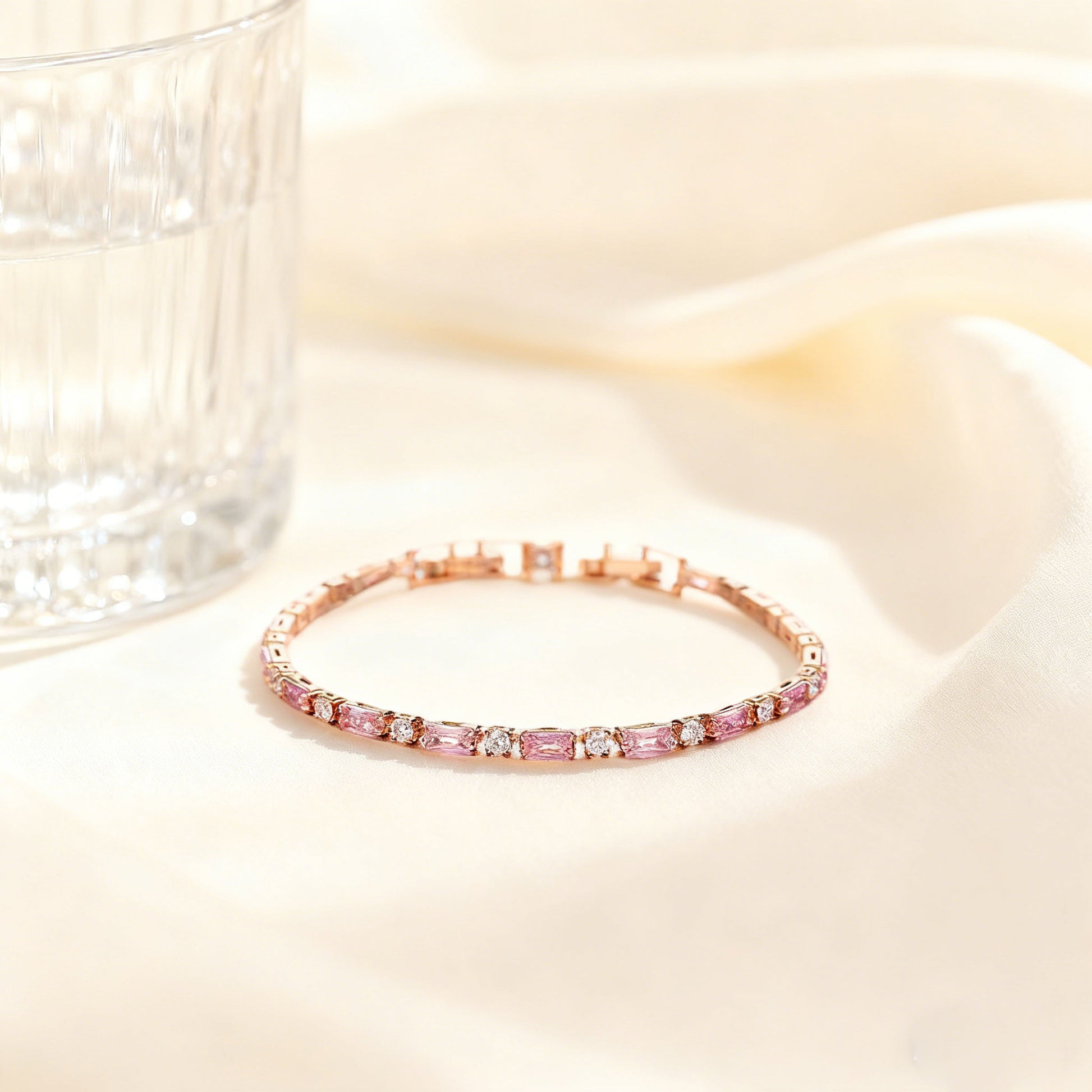 Rose Quartz & Moissanite Gold-Plated Tennis Bracelet | "Love Stone" Gentle Style Daily Jewelry | BOCOS JEWELRY