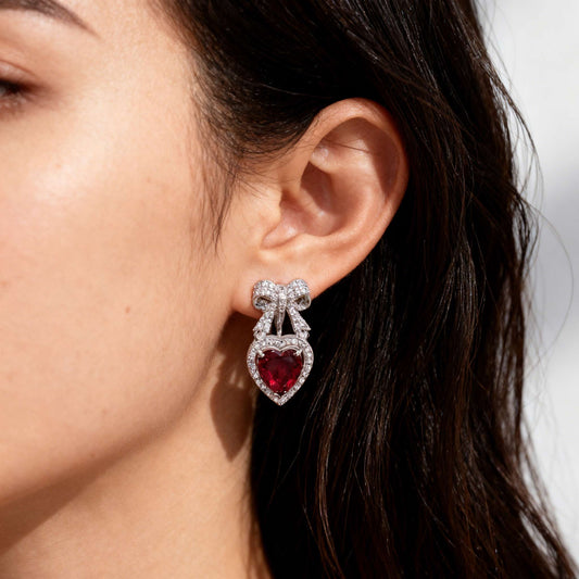 Heart-Cut Lab-Grown Ruby Bow Drop Earrings with Moissanite | Romantic Sweet Style | BOCOS JEWELRY