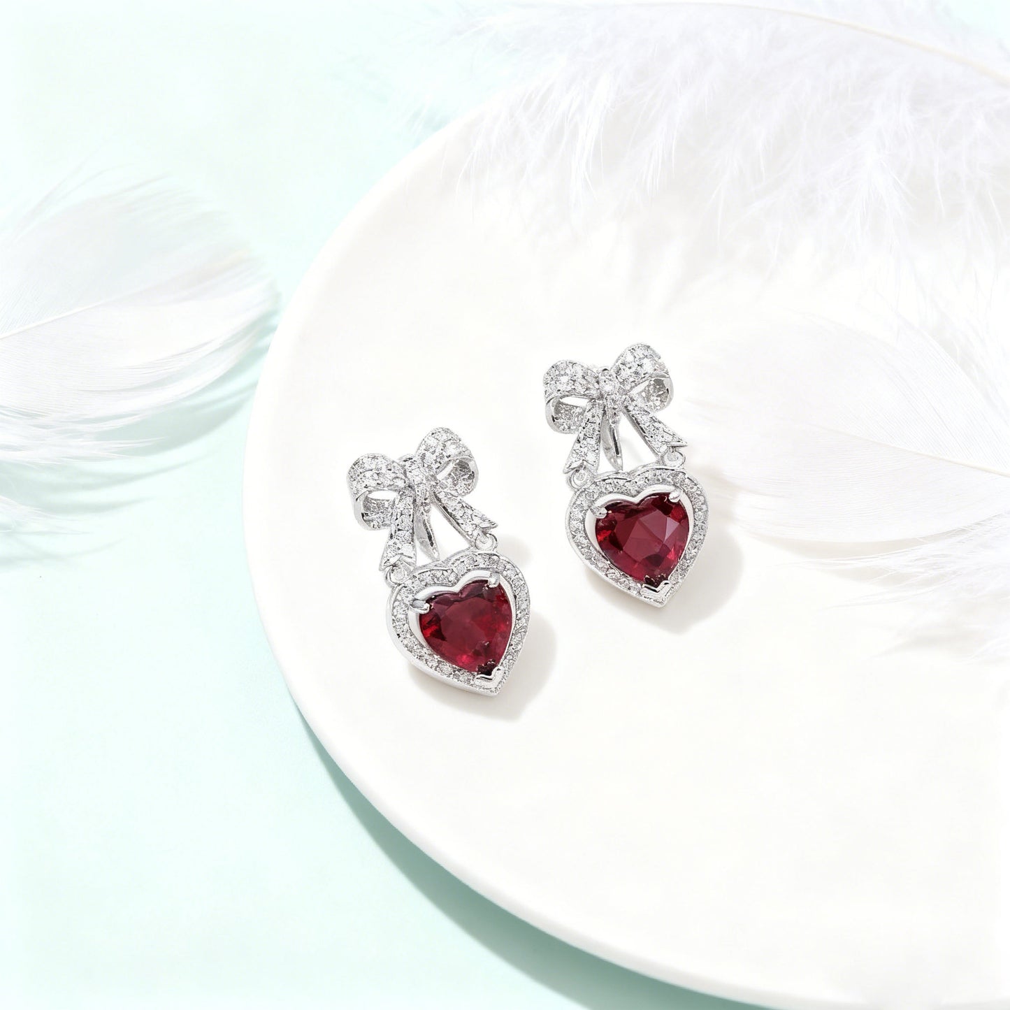 Heart-Cut Lab-Grown Ruby Bow Drop Earrings with Moissanite | Romantic Sweet Style | BOCOS JEWELRY