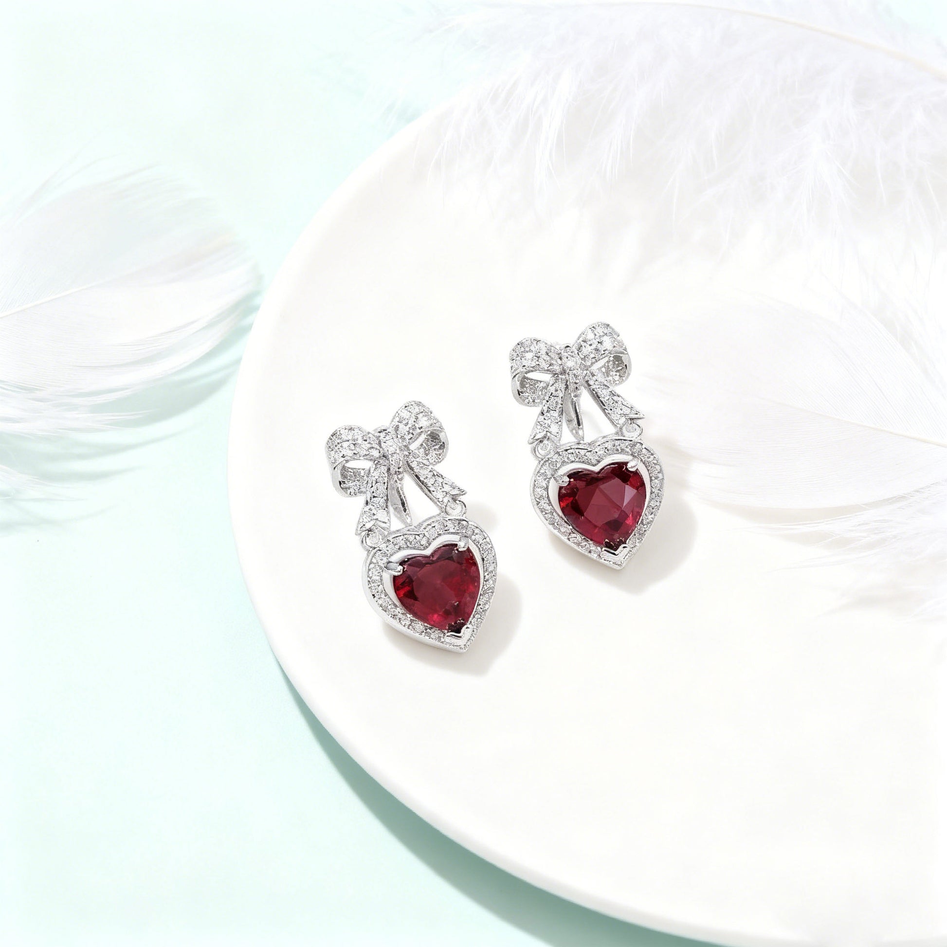 Heart-Cut Lab-Grown Ruby Bow Drop Earrings with Moissanite | Romantic Sweet Style | BOCOS JEWELRY