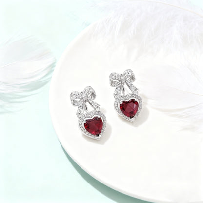 Heart-Cut Lab-Grown Ruby Bow Drop Earrings with Moissanite | Romantic Sweet Style | BOCOS JEWELRY