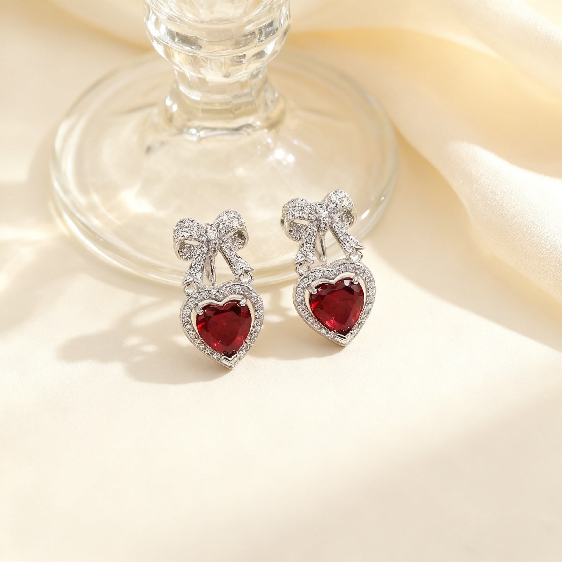Heart-Cut Lab-Grown Ruby Bow Drop Earrings with Moissanite | Romantic Sweet Style | BOCOS JEWELRY