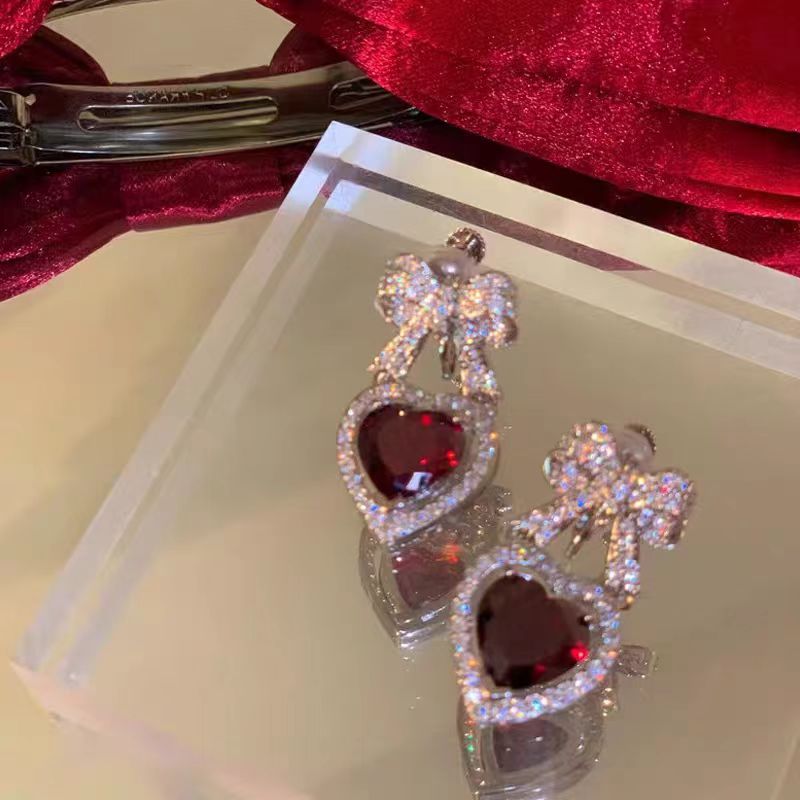 Heart-Cut Lab-Grown Ruby Bow Drop Earrings with Moissanite | Romantic Sweet Style | BOCOS JEWELRY