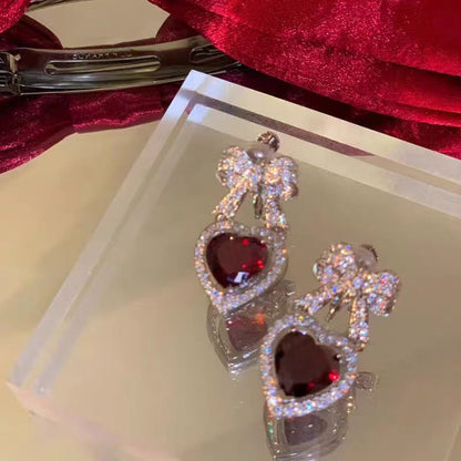 Heart-Cut Lab-Grown Ruby Bow Drop Earrings with Moissanite | Romantic Sweet Style | BOCOS JEWELRY