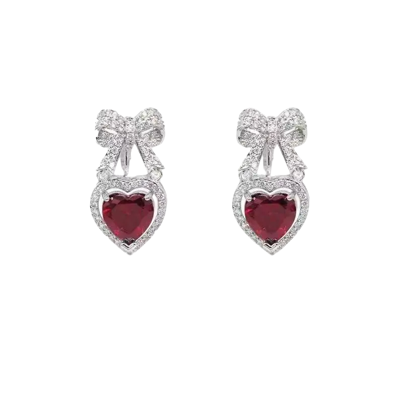 Heart-Cut Lab-Grown Ruby Bow Drop Earrings with Moissanite | Romantic Sweet Style | BOCOS JEWELRY