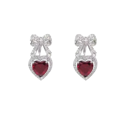 Heart-Cut Lab-Grown Ruby Bow Drop Earrings with Moissanite | Romantic Sweet Style | BOCOS JEWELRY