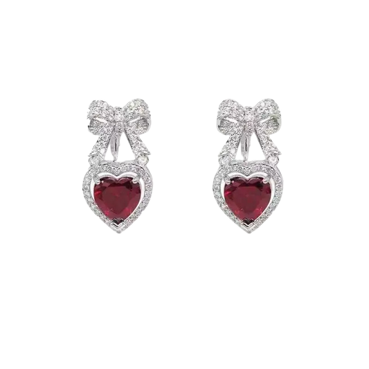 Heart-Cut Lab-Grown Ruby Bow Drop Earrings with Moissanite | Romantic Sweet Style | BOCOS JEWELRY