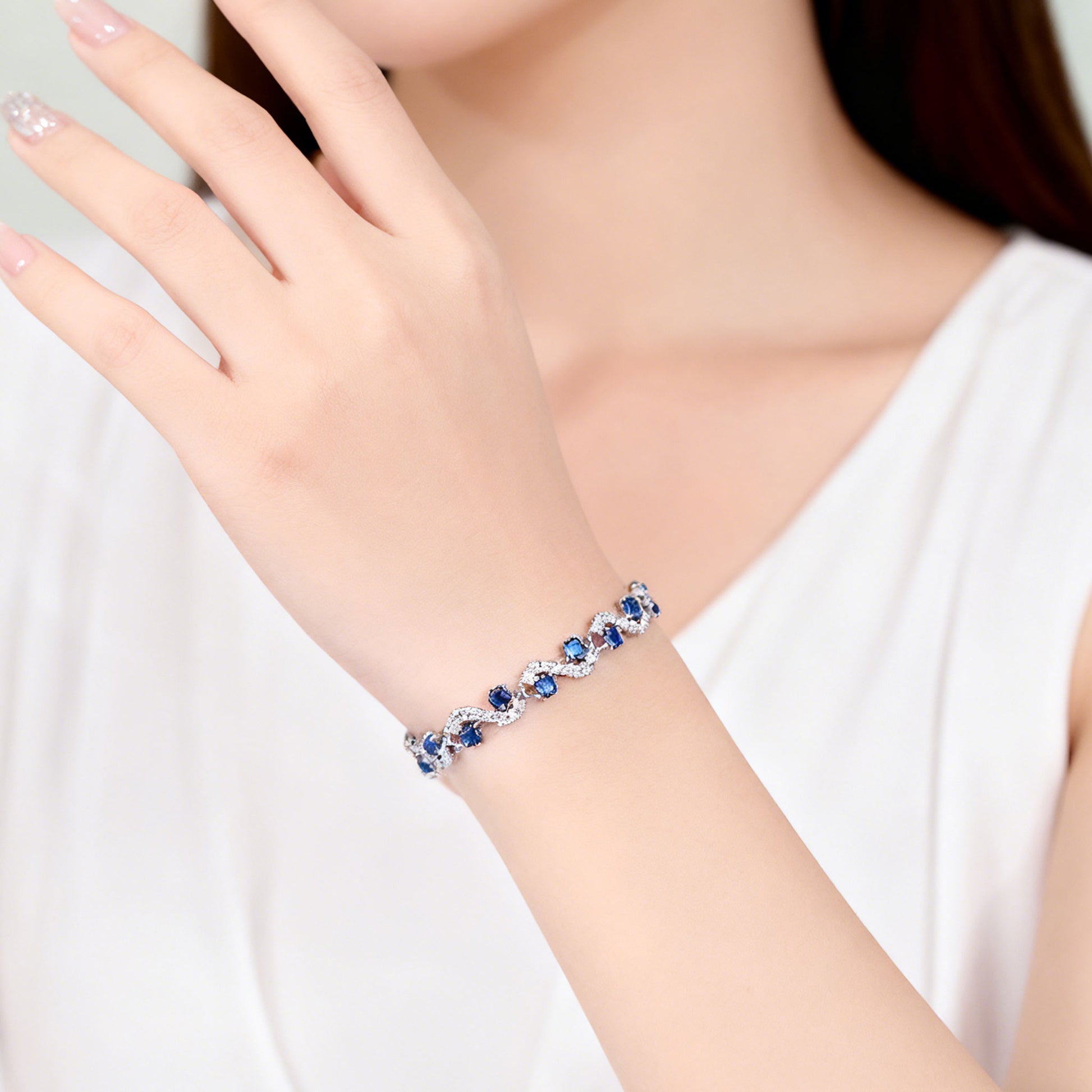 Round-Cut Moissanite Wave-Link Tennis Bracelet | Layered Sparkle Design | BOCOS JEWELRY