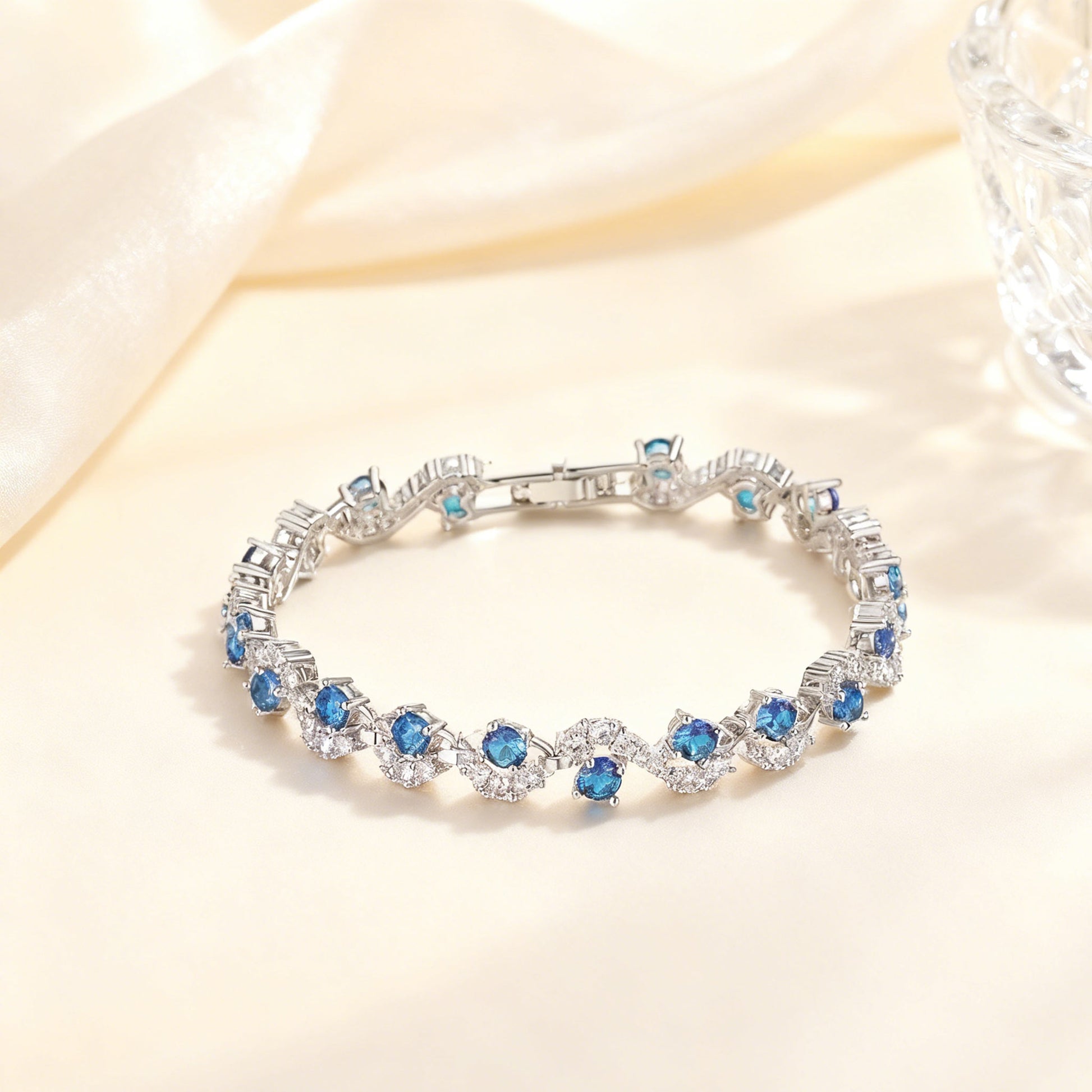 Round-Cut Moissanite Wave-Link Tennis Bracelet | Layered Sparkle Design | BOCOS JEWELRY