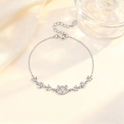 Wish Cat Bracelet with Round-Cut Moissanite | 925 Sterling Silver Cute Style | BOCOS JEWELRY