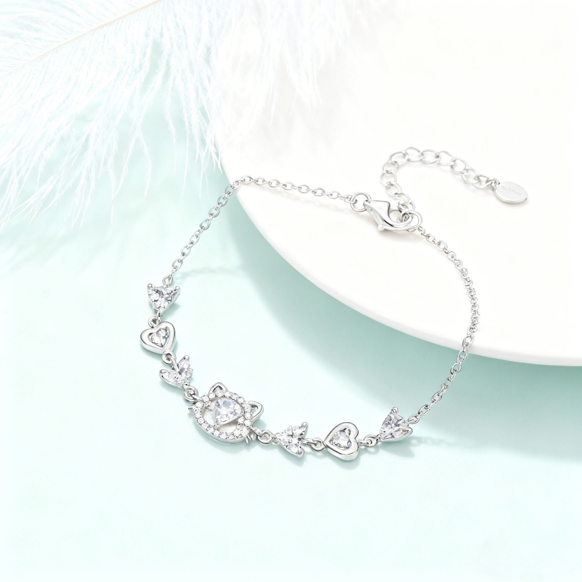 Wish Cat Bracelet with Round-Cut Moissanite | 925 Sterling Silver Cute Style | BOCOS JEWELRY