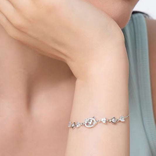 Wish Cat Bracelet with Round-Cut Moissanite | 925 Sterling Silver Cute Style | BOCOS JEWELRY
