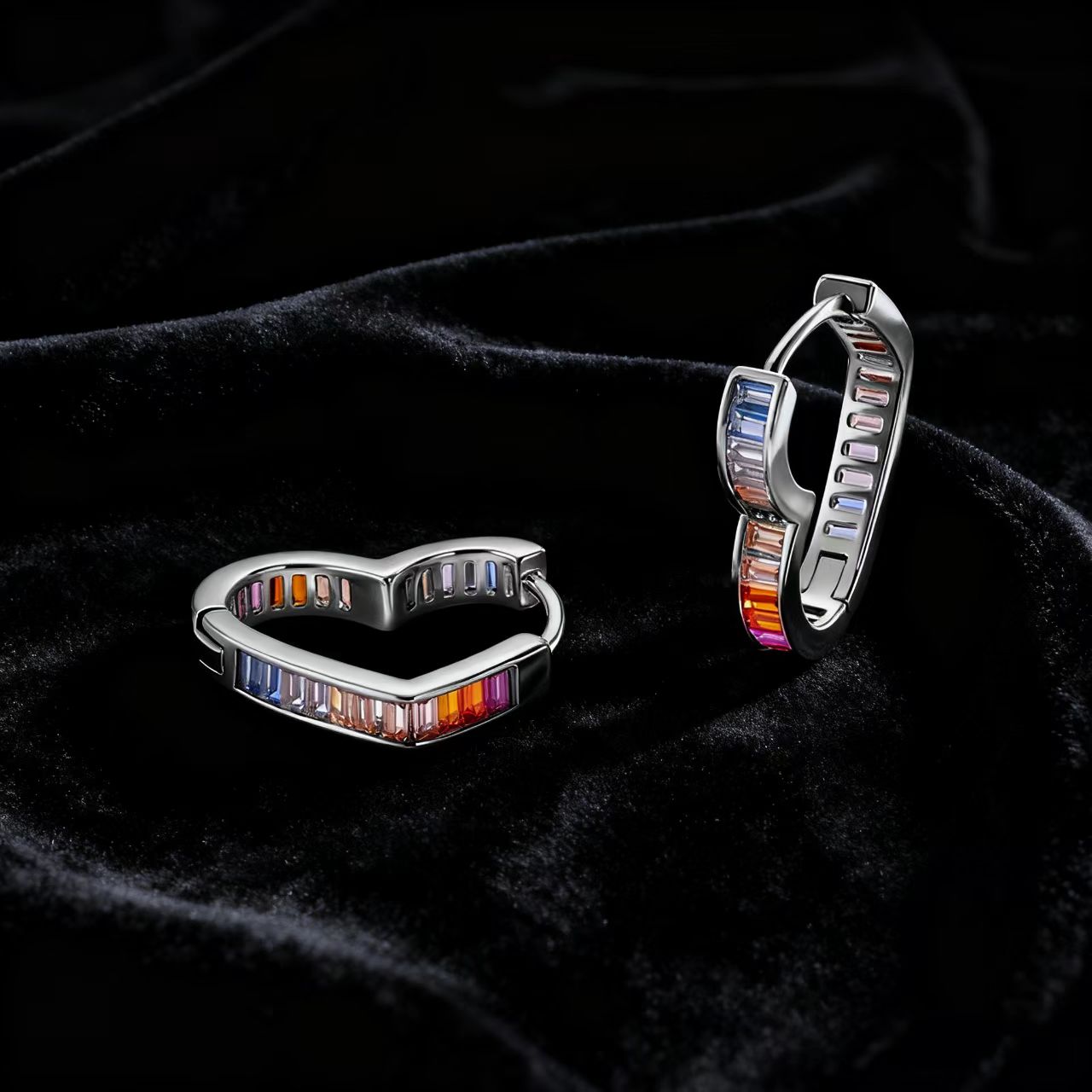 Heart-Shaped Emerald-Cut Lab-Grown Colored Gemstone Gradient Hoop Earrings | Vibrant Style | BOCOS JEWELRY