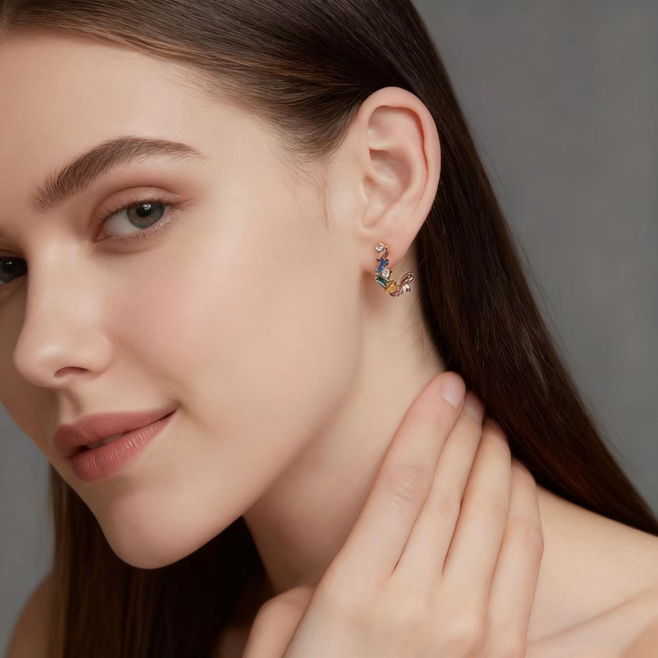 Curved Hook-Shaped Emerald-Cut Lab-Grown Colored Gemstone Hoop Earrings with Moissanite | Rainbow Vibrant Style | BOCOS JEWELRY