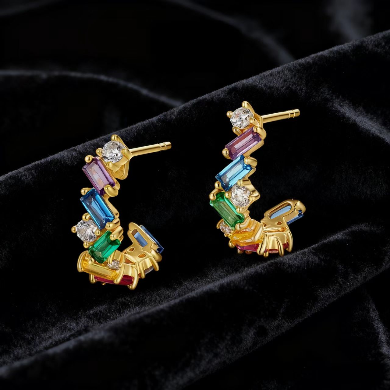 Curved Hook-Shaped Emerald-Cut Lab-Grown Colored Gemstone Hoop Earrings with Moissanite | Rainbow Vibrant Style | BOCOS JEWELRY