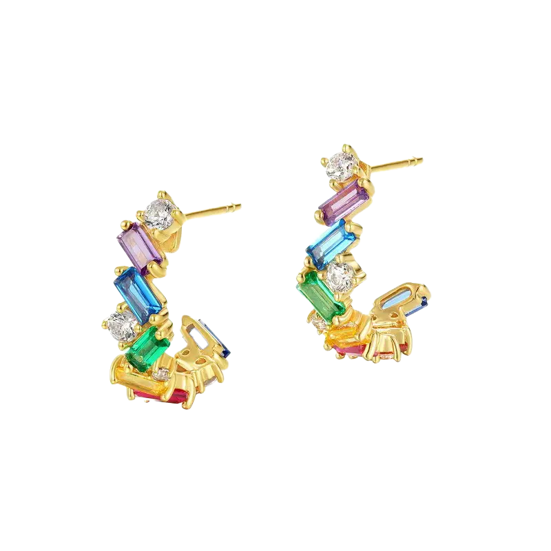 Curved Hook-Shaped Emerald-Cut Lab-Grown Colored Gemstone Hoop Earrings with Moissanite | Rainbow Vibrant Style | BOCOS JEWELRY