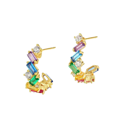 Curved Hook-Shaped Emerald-Cut Lab-Grown Colored Gemstone Hoop Earrings with Moissanite | Rainbow Vibrant Style | BOCOS JEWELRY