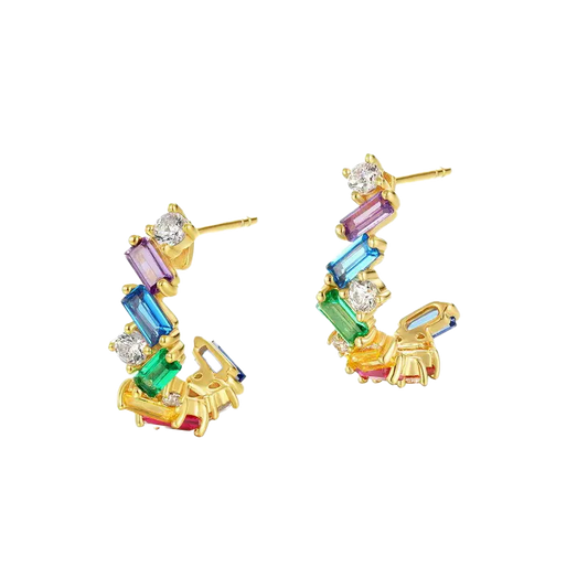 Curved Hook-Shaped Emerald-Cut Lab-Grown Colored Gemstone Hoop Earrings with Moissanite | Rainbow Vibrant Style | BOCOS JEWELRY