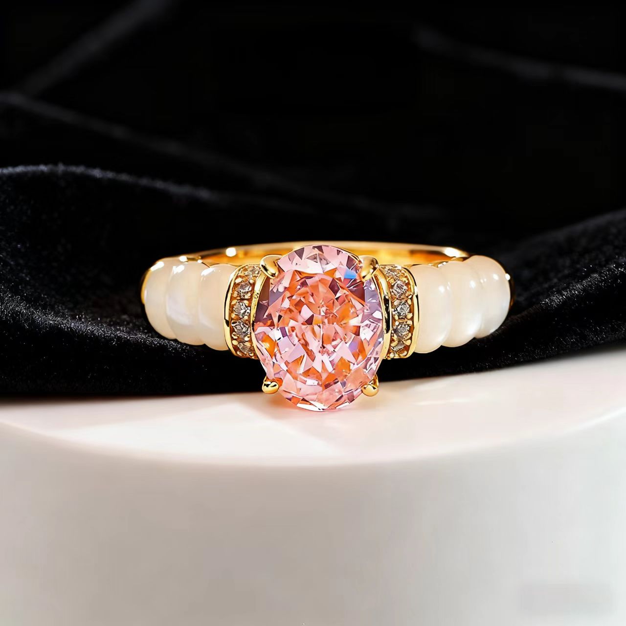 Oval-Cut Lab-Grown Pink Sapphire Ring | 1.5ct Center Stone with Pearl & Moissanite Accents | BOCOS JEWELRY