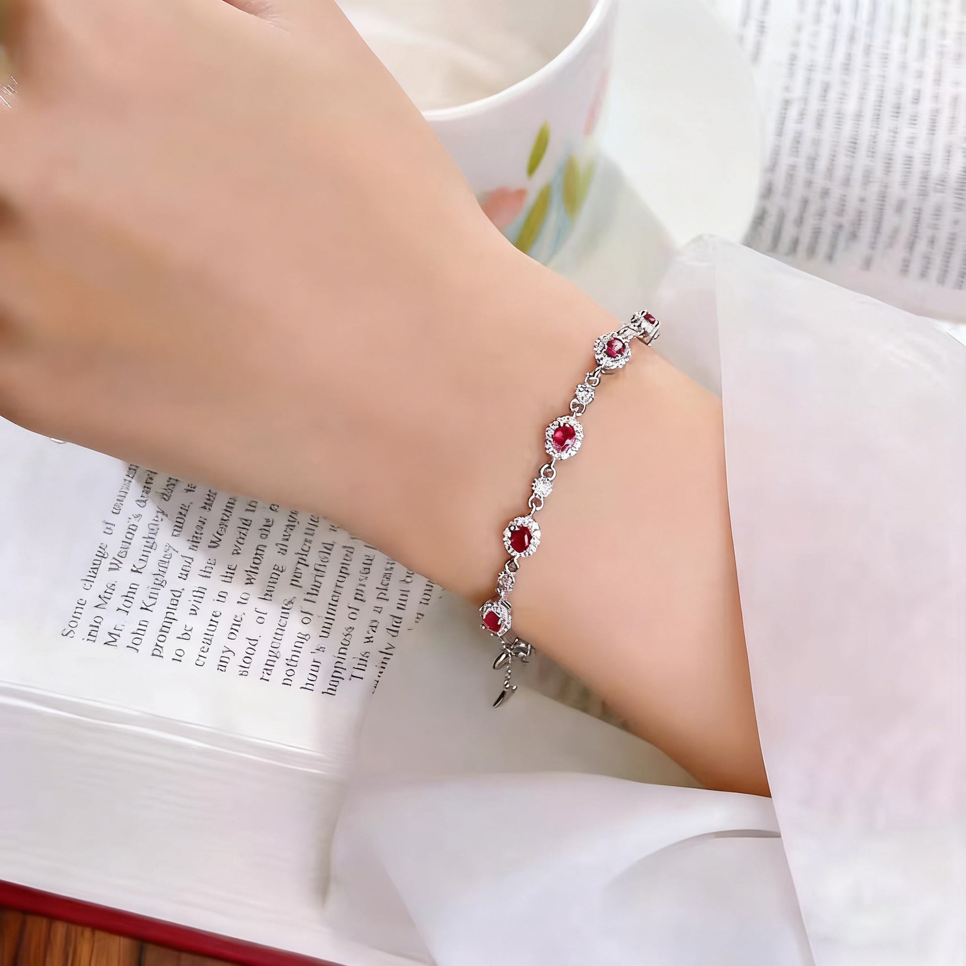 Oval-Cut Lab-Grown Ruby Tennis Bracelet with Moissanite Halo | Elegant Red Style | BOCOS JEWELRY