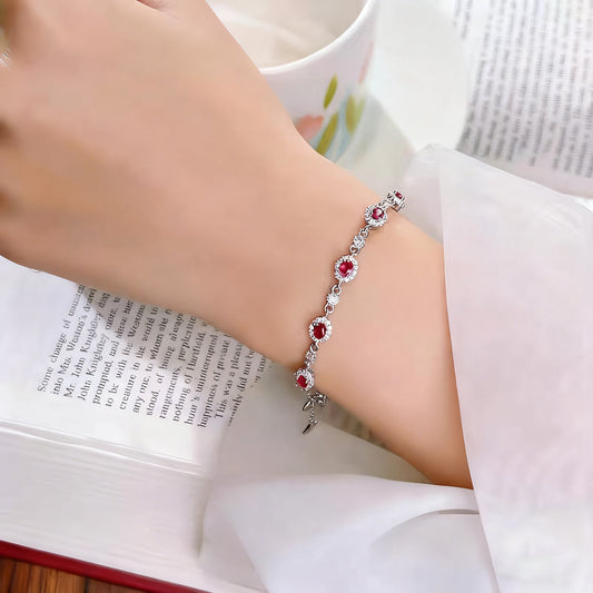 Oval-Cut Lab-Grown Ruby Tennis Bracelet with Moissanite Halo | Elegant Red Style | BOCOS JEWELRY