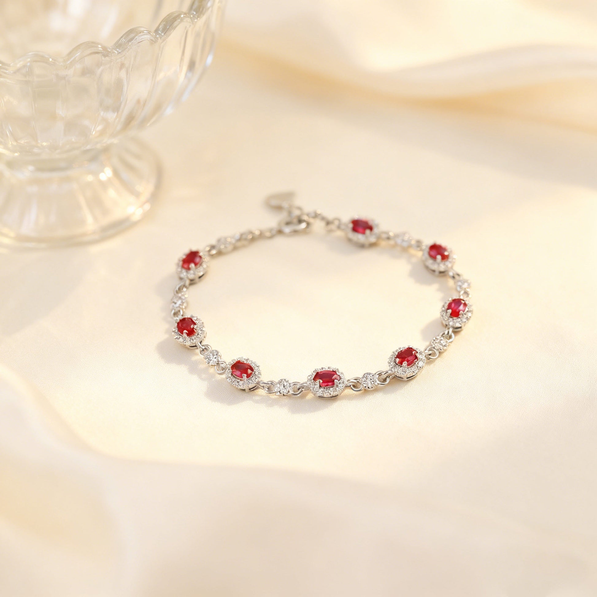 Oval-Cut Lab-Grown Ruby Tennis Bracelet with Moissanite Halo | Elegant Red Style | BOCOS JEWELRY