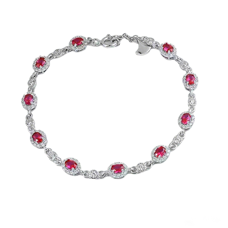 Oval-Cut Lab-Grown Ruby Tennis Bracelet with Moissanite Halo | Elegant Red Style | BOCOS JEWELRY