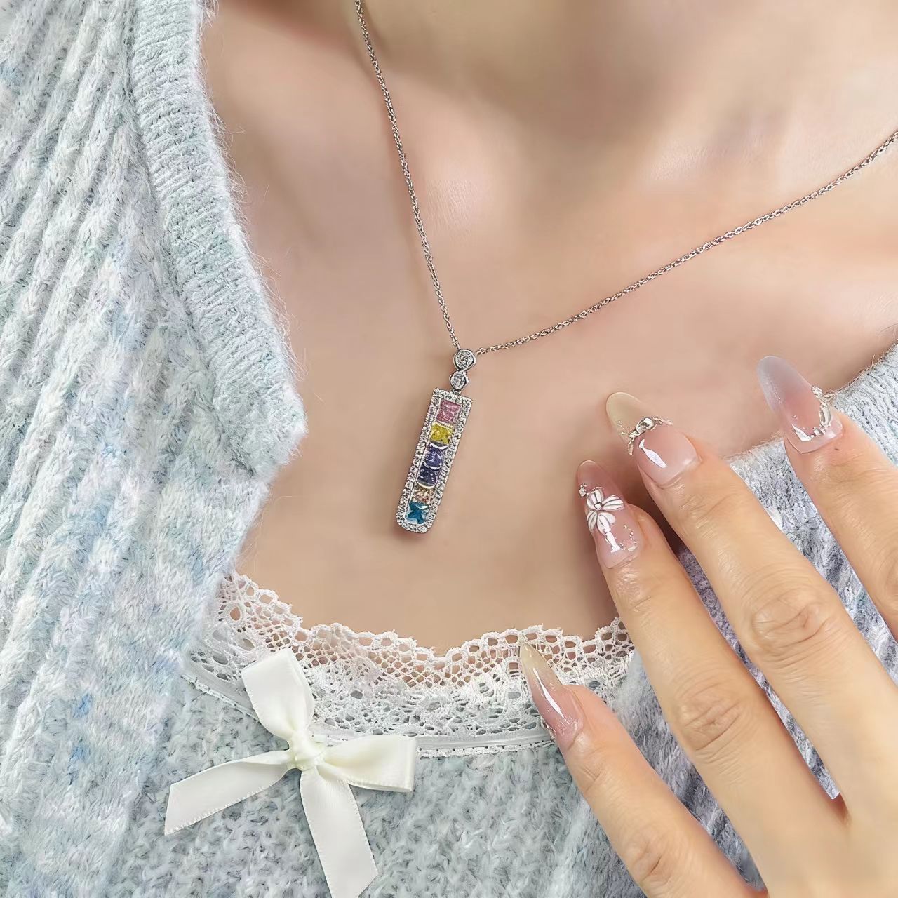 Princess-Cut Lab-Grown Colored Gemstone Rectangular Pendant Necklace with Moissanite | Rainbow Gradient Style | BOCOS JEWELRY