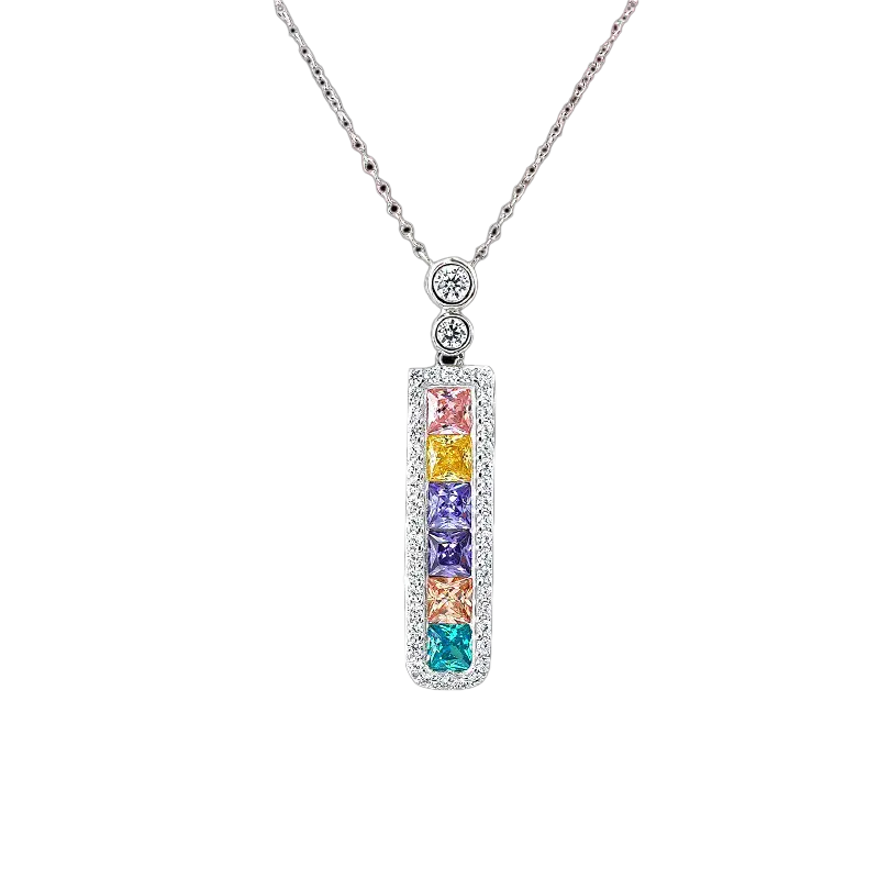 Princess-Cut Lab-Grown Colored Gemstone Rectangular Pendant Necklace with Moissanite | Rainbow Gradient Style | BOCOS JEWELRY
