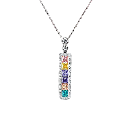 Princess-Cut Lab-Grown Colored Gemstone Rectangular Pendant Necklace with Moissanite | Rainbow Gradient Style | BOCOS JEWELRY