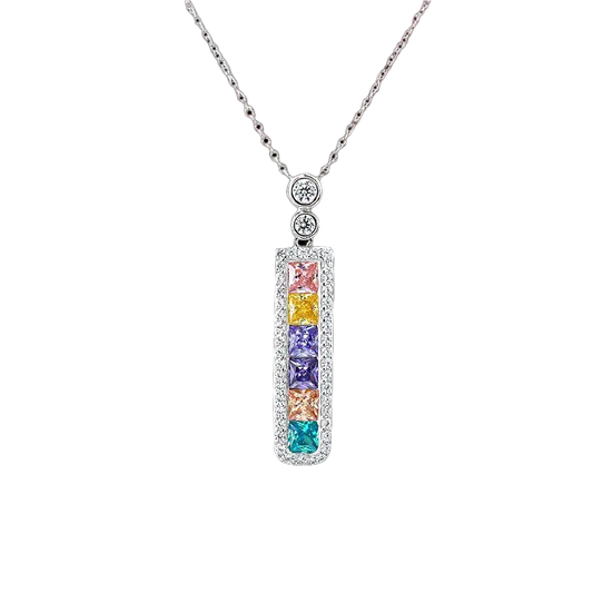 Princess-Cut Lab-Grown Colored Gemstone Rectangular Pendant Necklace with Moissanite | Rainbow Gradient Style | BOCOS JEWELRY