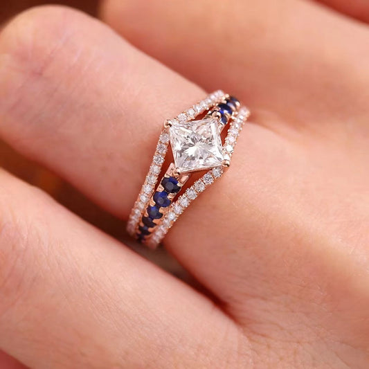 Princess-Cut Moissanite Men’s Ring | Surrounded by Moissanite & Lab-Grown Sapphire | BOCOS JEWELRY