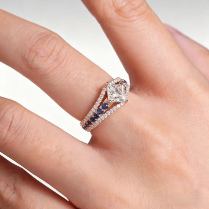 Princess-Cut Moissanite Men’s Ring | Surrounded by Moissanite & Lab-Grown Sapphire | BOCOS JEWELRY