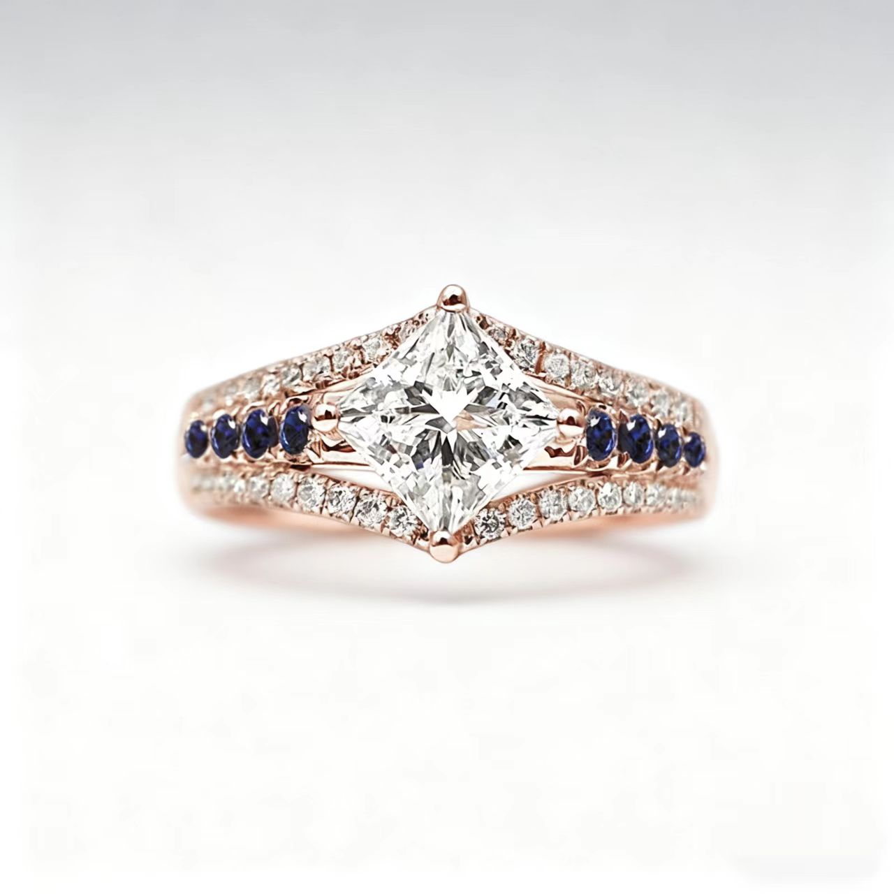 Princess-Cut Moissanite Men’s Ring | Surrounded by Moissanite & Lab-Grown Sapphire | BOCOS JEWELRY