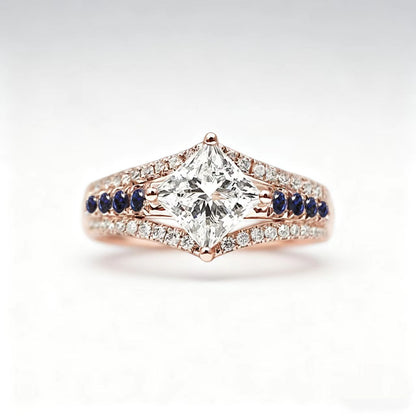 Princess-Cut Moissanite Men’s Ring | Surrounded by Moissanite & Lab-Grown Sapphire | BOCOS JEWELRY