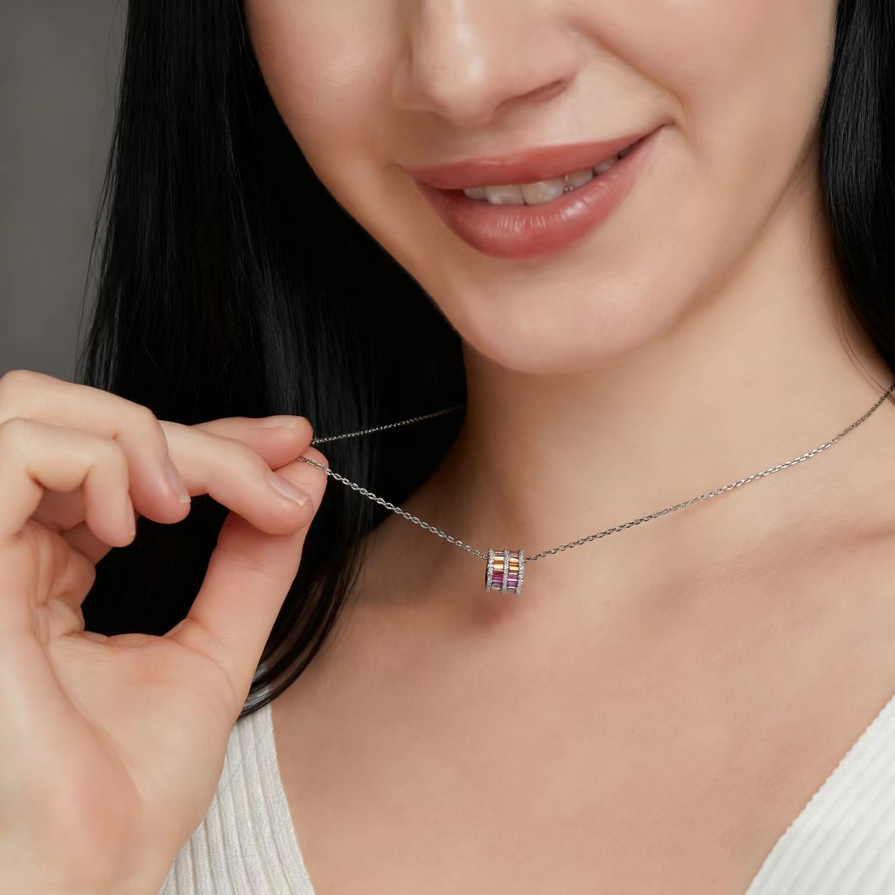 Barrel-Shaped Rainbow Lab-Grown Colored Gemstone Pendant Necklace with Moissanite | Vibrant Daily Style | BOCOS JEWELRY