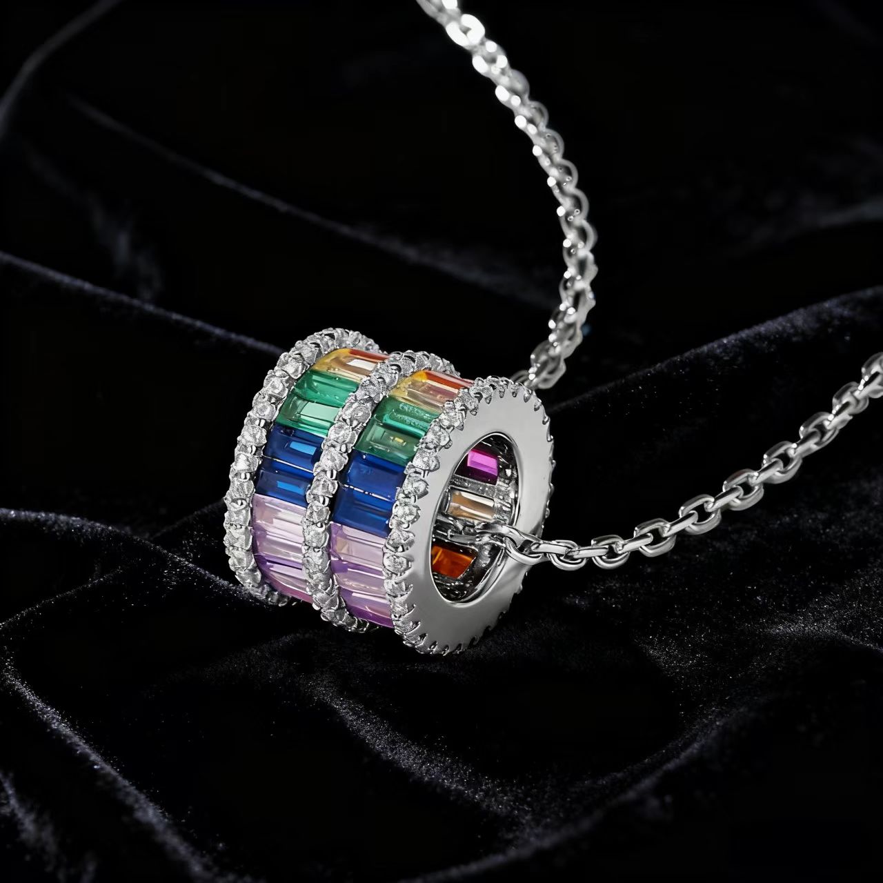 Barrel-Shaped Rainbow Lab-Grown Colored Gemstone Pendant Necklace with Moissanite | Vibrant Daily Style | BOCOS JEWELRY