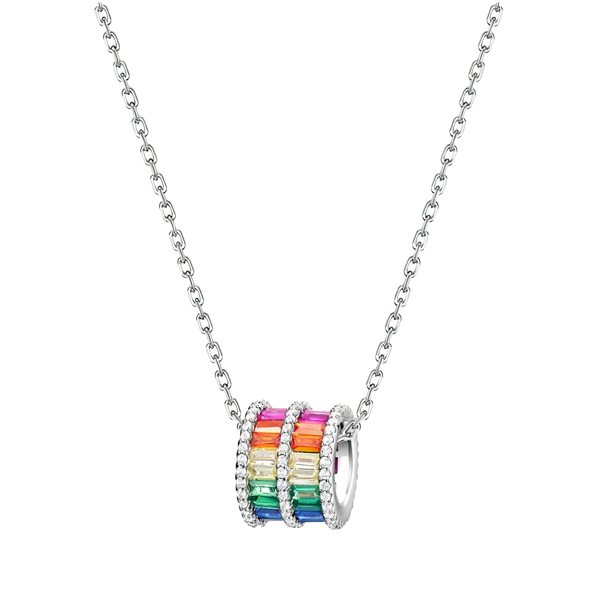Barrel-Shaped Rainbow Lab-Grown Colored Gemstone Pendant Necklace with Moissanite | Vibrant Daily Style | BOCOS JEWELRY