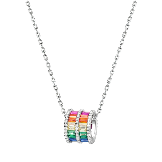 Barrel-Shaped Rainbow Lab-Grown Colored Gemstone Pendant Necklace with Moissanite | Vibrant Daily Style | BOCOS JEWELRY