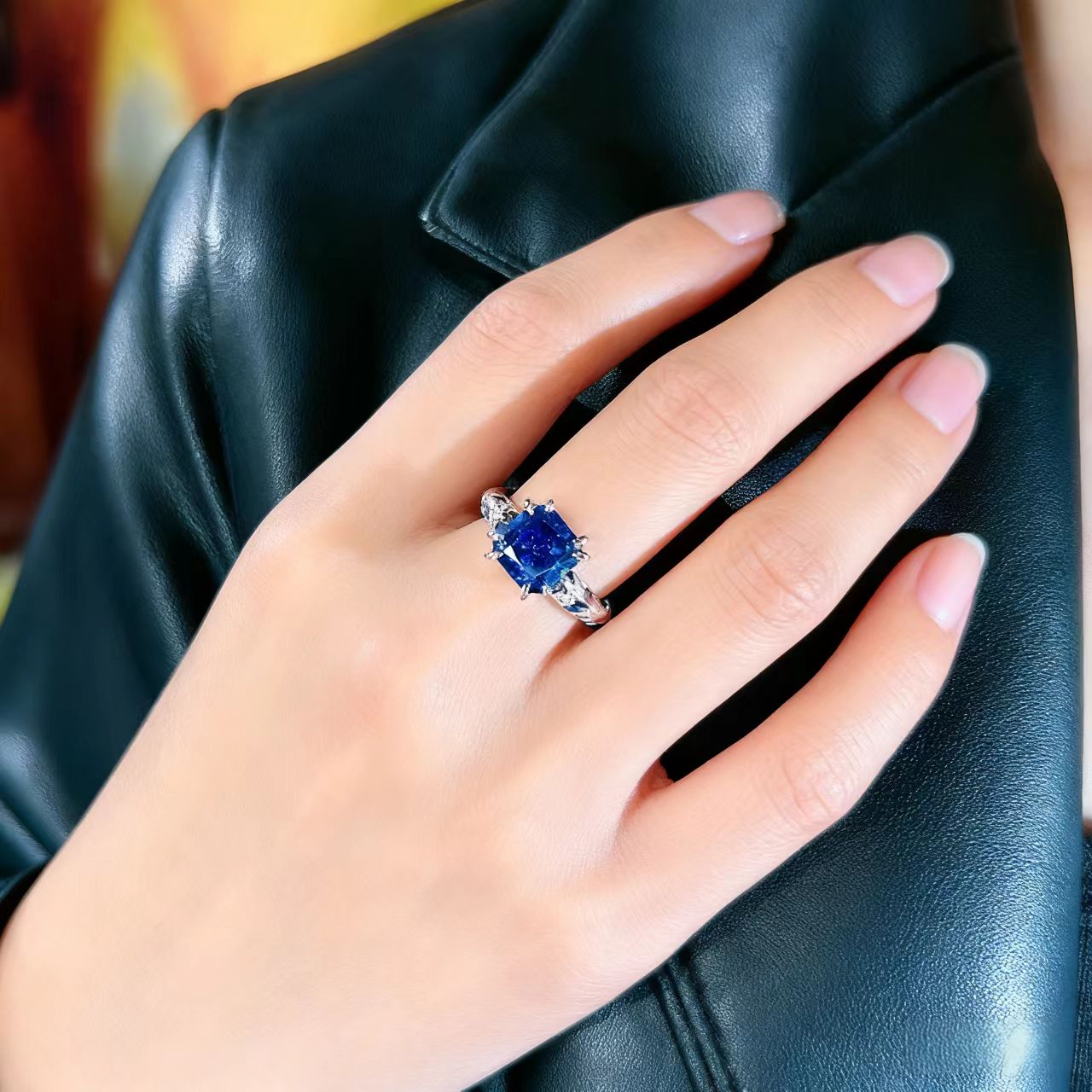 2.0ct Cushion-Cut Lab-Grown Sapphire Ring | Accented with Sapphire & Moissanite | BOCOS JEWELRY