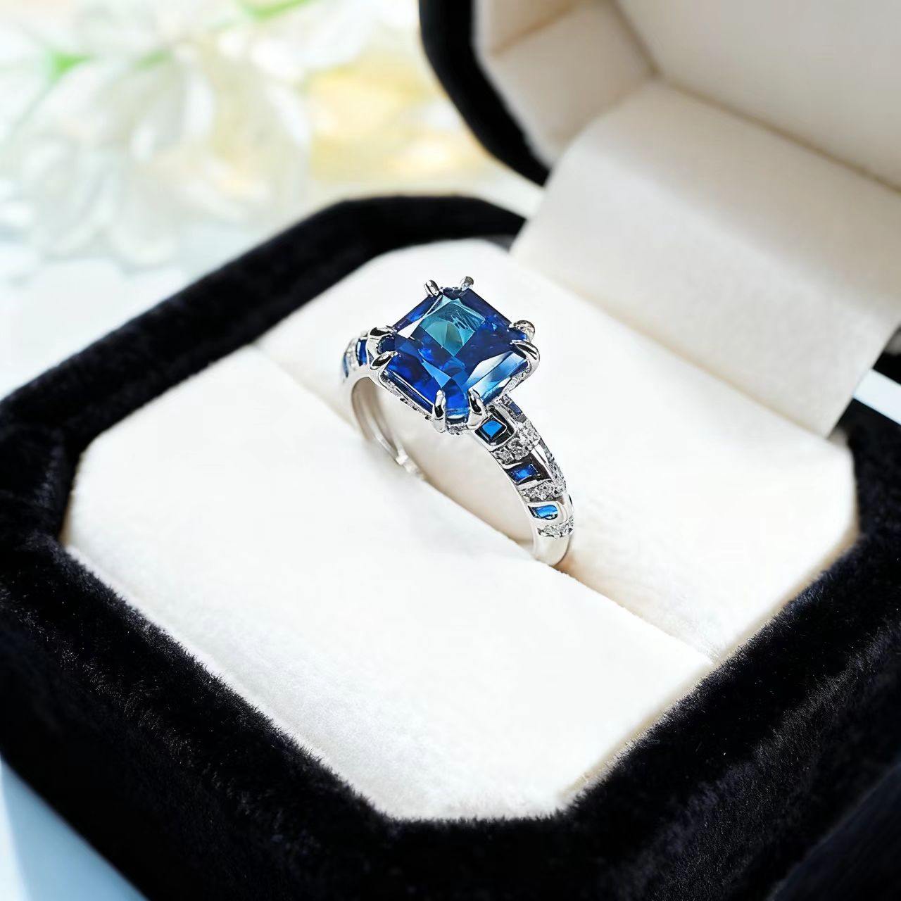 2.0ct Cushion-Cut Lab-Grown Sapphire Ring | Accented with Sapphire & Moissanite | BOCOS JEWELRY
