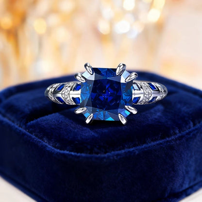 2.0ct Cushion-Cut Lab-Grown Sapphire Ring | Accented with Sapphire & Moissanite | BOCOS JEWELRY
