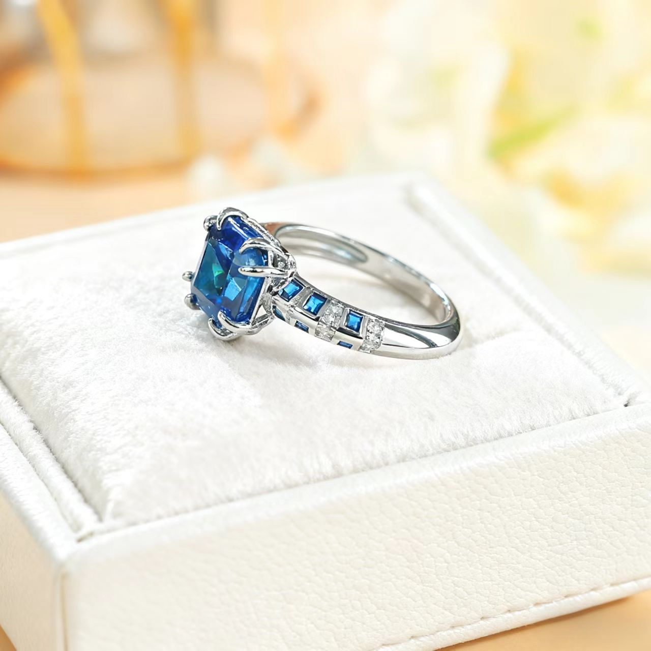 2.0ct Cushion-Cut Lab-Grown Sapphire Ring | Accented with Sapphire & Moissanite | BOCOS JEWELRY