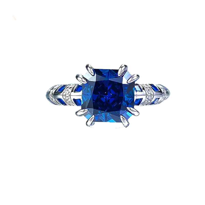 2.0ct Cushion-Cut Lab-Grown Sapphire Ring | Accented with Sapphire & Moissanite | BOCOS JEWELRY