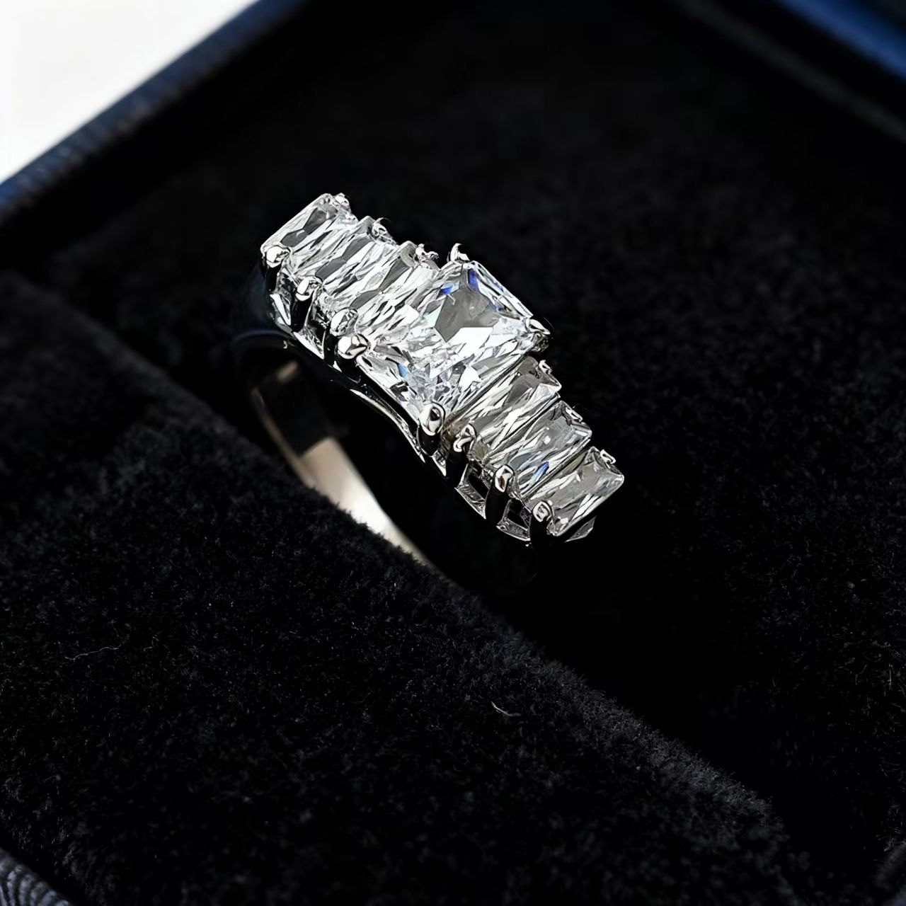 Radiant-Cut Moissanite Statement Ring | Linear Accent Design | BOCOS JEWELRY