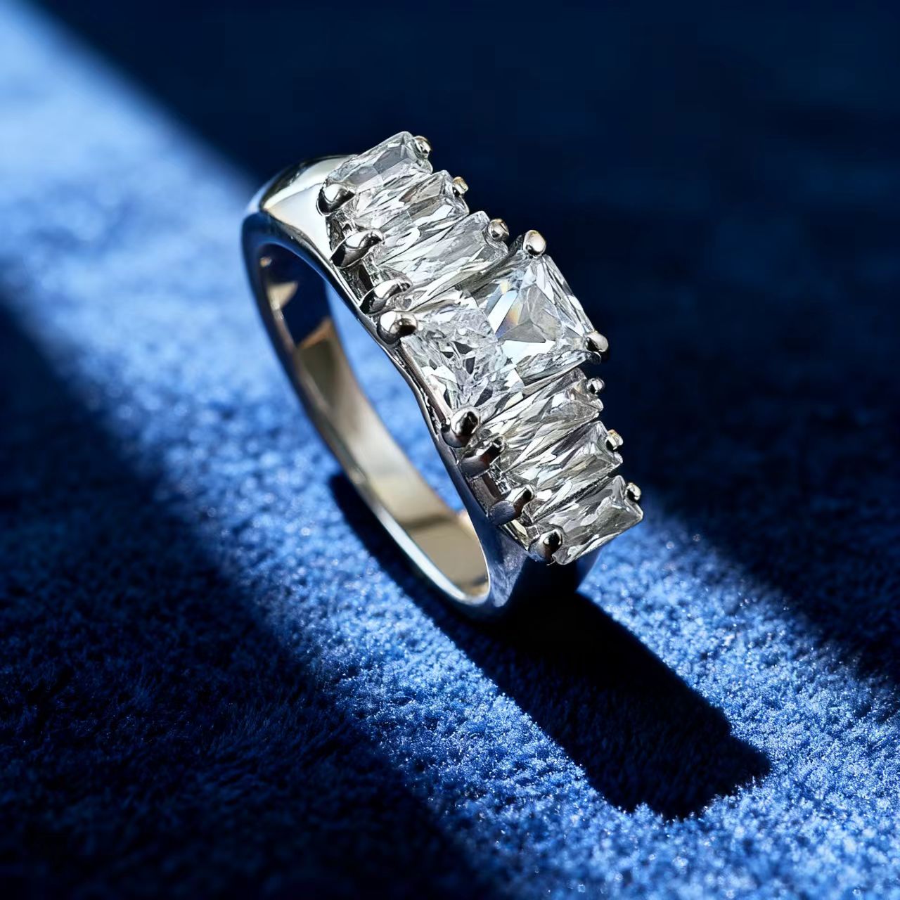 Radiant-Cut Moissanite Statement Ring | Linear Accent Design | BOCOS JEWELRY