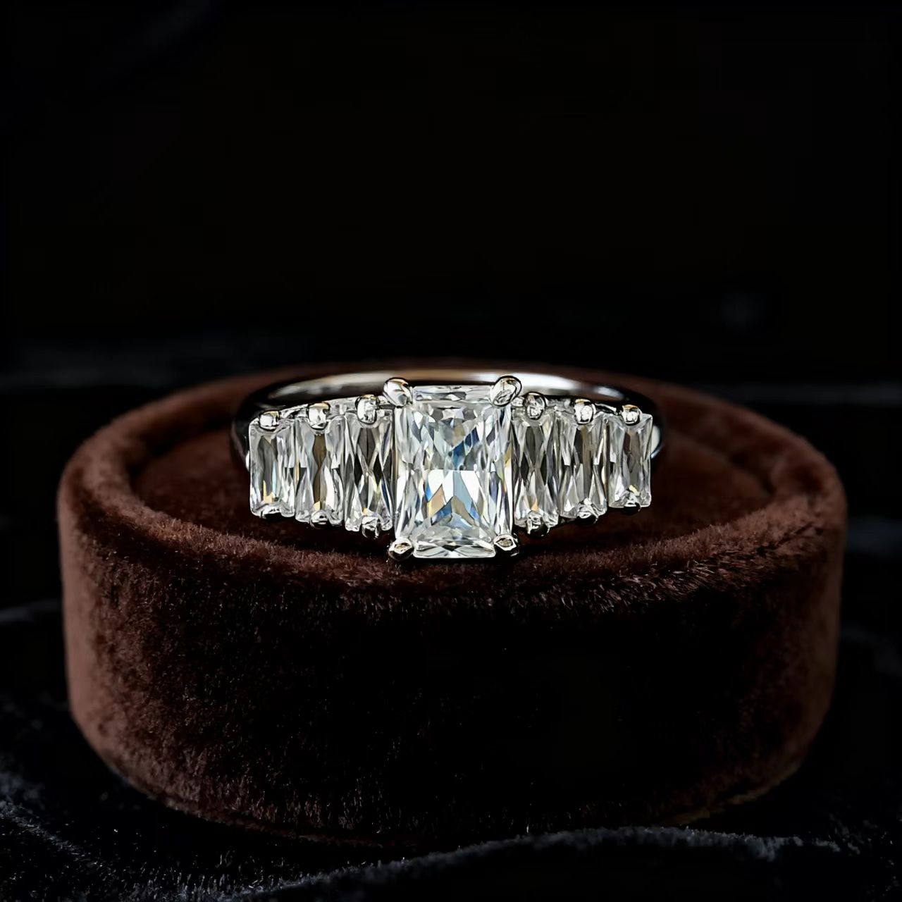 Radiant-Cut Moissanite Statement Ring | Linear Accent Design | BOCOS JEWELRY