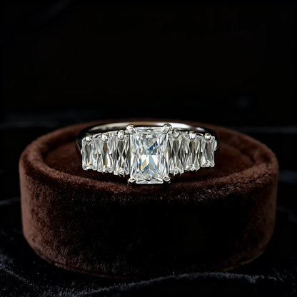 Radiant-Cut Moissanite Statement Ring | Linear Accent Design | BOCOS JEWELRY