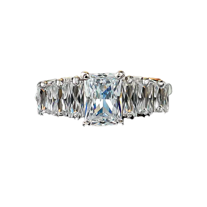 Radiant-Cut Moissanite Statement Ring | Linear Accent Design | BOCOS JEWELRY