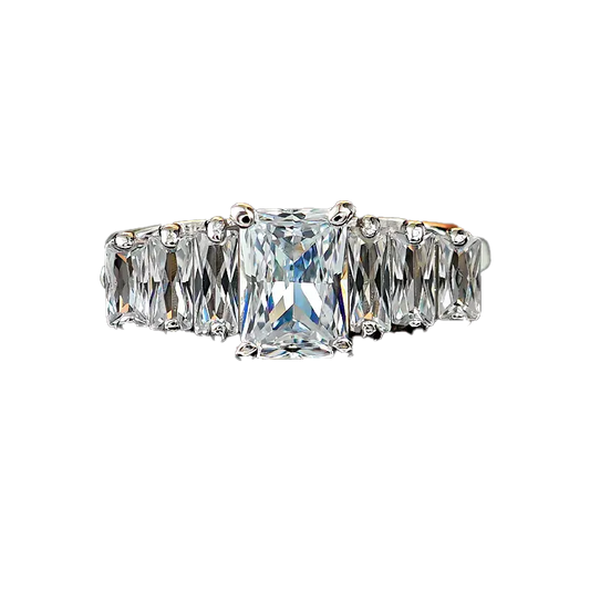 Radiant-Cut Moissanite Statement Ring | Linear Accent Design | BOCOS JEWELRY
